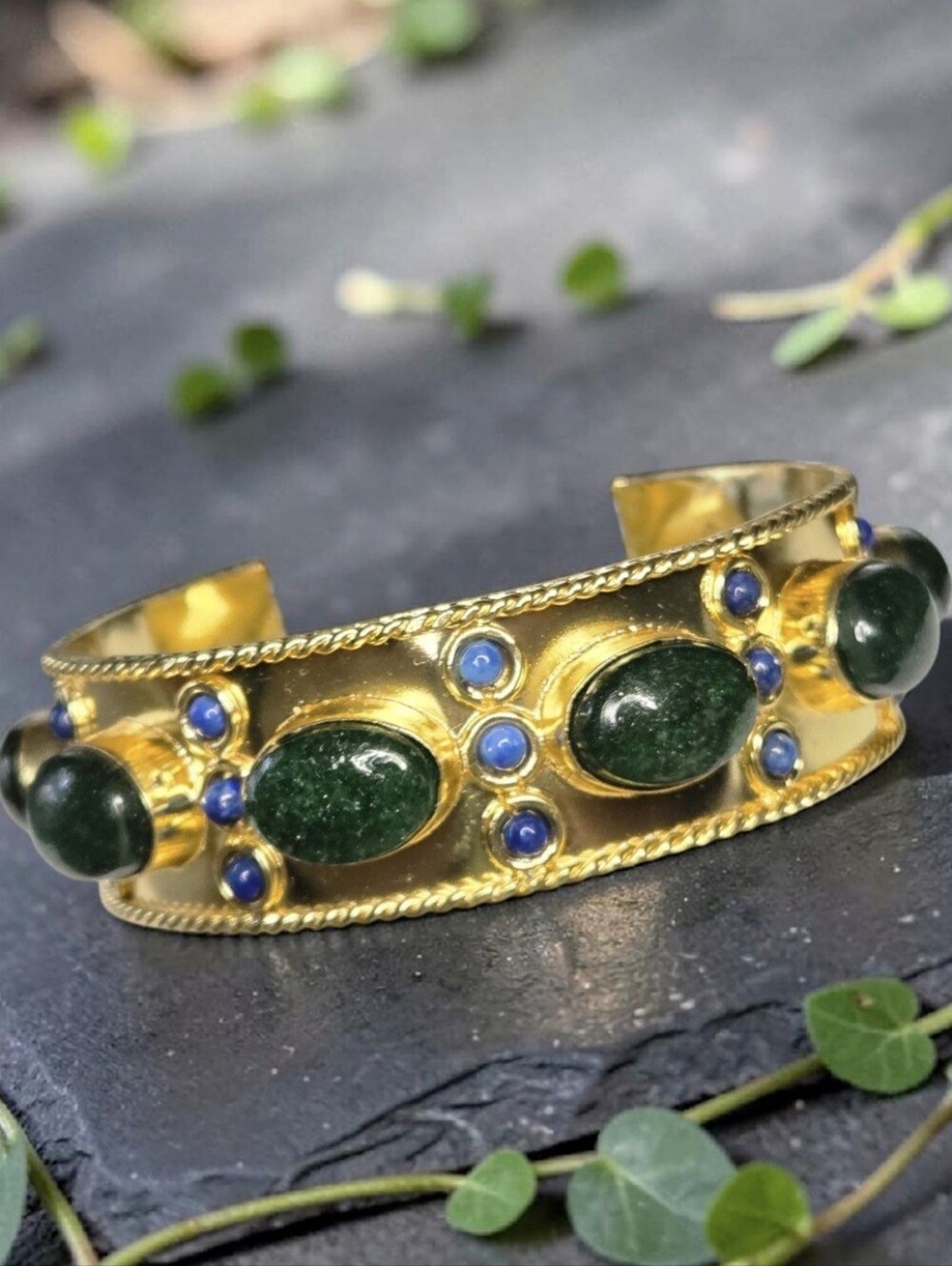 18k Gold Plated Artisan Genuine Emerald Lapis Lazuli Byzantine Cuff Bracelet